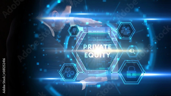Fototapeta Business, Technology, Internet and network concept. Young businessman working on a virtual screen of the future and sees the inscription: Private equity