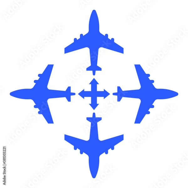 Fototapeta Airplanes in different directions blue on a white background, sign for design, vector illustration