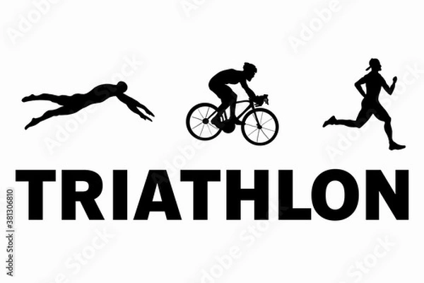 Fototapeta Black flat logo triathlon. Vector figures triathletes on a white background. Swimming, cycling and running symbol.