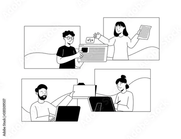 Obraz Collaboration Online Remote Work Young Creative People on Flat Outline Illustration