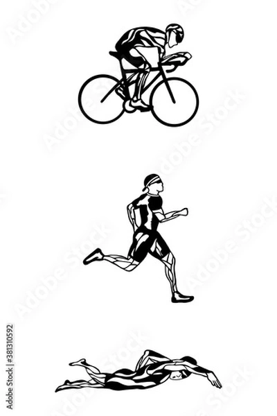 Fototapeta Black flat logo triathlon. Vector figures triathletes on a white background. Swimming, cycling and running symbol. for icon, poster, web, app
