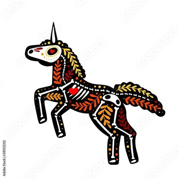 Fototapeta Vector colorful postcard. Dia de los Muertos, Day of the dead or Halloween concept. Unicorn skeleton with floral design, isolated on white background