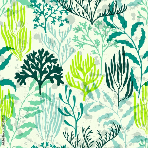 Fototapeta Coral polyps seamless pattern., Ocean depth undersea bottom coral reef flourish.