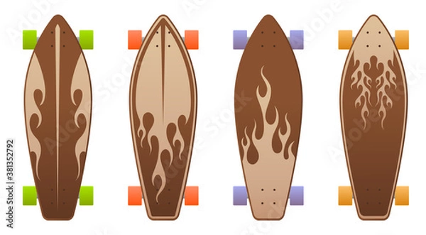 Obraz Wooden skate boards with flame design collection.Vector skateboard illustrations from skateboard and longboard collection.