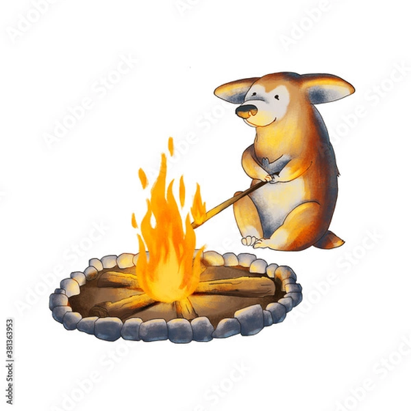 Obraz little corgi puppy fries marshmallows over the fire. illustration is isolated on white background.