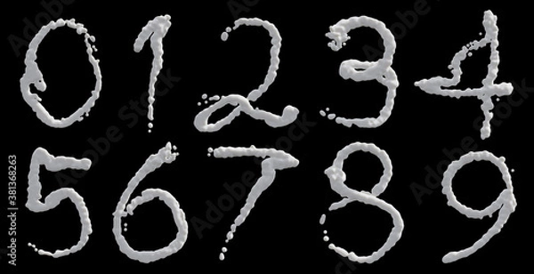 Fototapeta Milk splash numbers isolated on black background. 3d render