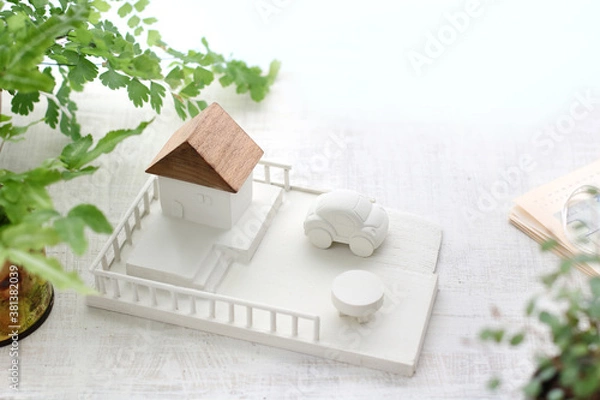 Fototapeta 木の工作で作ったマイホームのミニチュア模型