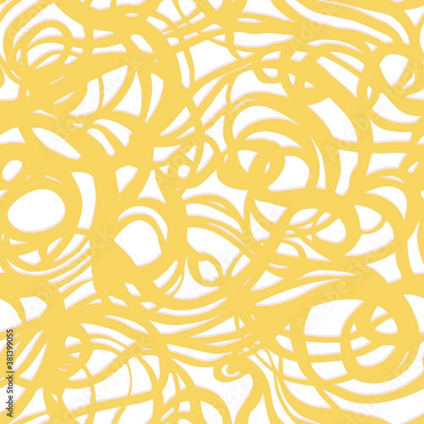 Fototapeta Abstract delicious noodle food pattern, doodle brush pen swirly line design. Vector background. Seamless irregular yellow curl pattern on white background. Appropriate for modern food products