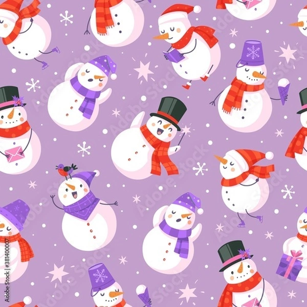 Fototapeta Snowman seamless pattern. New year and christmas design with cute snowmen and snowflakes, winter holidays decor textile, wrapping paper wallpaper vector texture on purple background