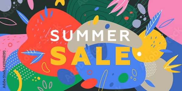 Fototapeta Summer trendy banner background. Liquid fluid elements, tropical leaves and flowers. Eps10 vector illustration