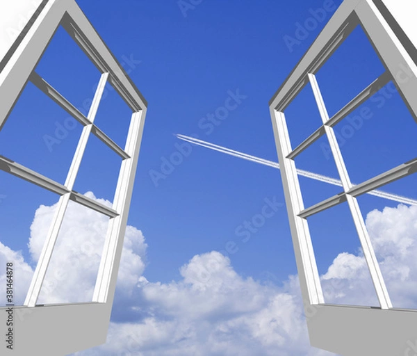 Fototapeta 窓から飛行機と入道雲