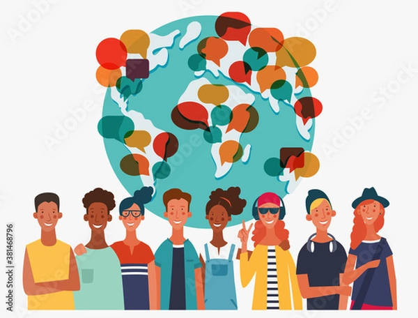 Fototapeta Group of young people with dialog speech bubbles. Communication, teamwork and connection vector concept
