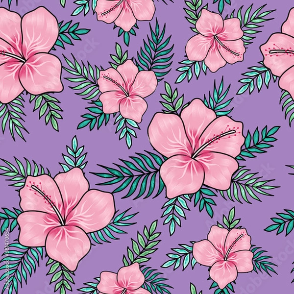 Fototapeta Pink hibiscuses with palm tree leaves on violet background