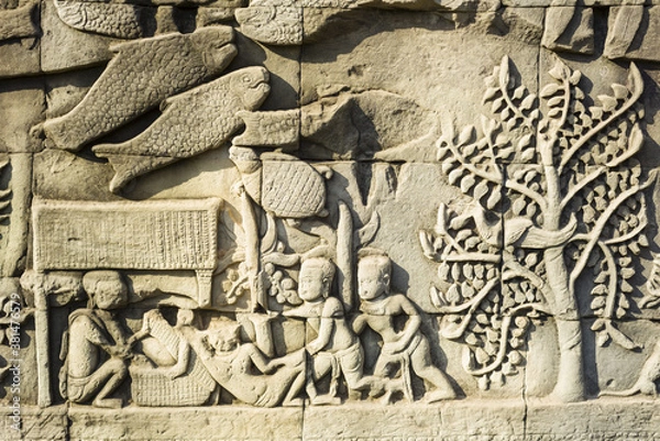 Fototapeta Detail of bas relief in the Bayon, Angkor Thom, Siem Reap
