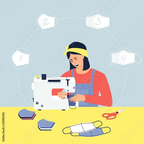 Fototapeta A woman sews a medical mask from fabric on a sewing machine.
Instructions on how to sew a fabric mask with your own hands at home. Flat vector illustration.