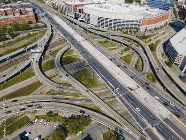 Fototapeta Providence interchange road at Interstate Highway I-95 exit 22 to Memorial Blvd aerial view in downtown Providence, Rhode Island RI, USA.