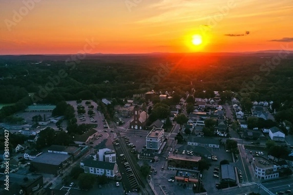 Fototapeta Aerial Drone Photography Of Downtown Dover, NH (New Hampshire) During Sunset