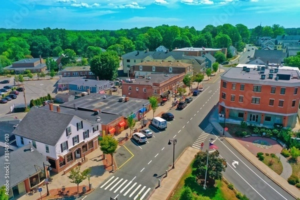 Fototapeta Aerial Drone Photography Of Downtown Durham, NH (New Hampshire) During The Summer