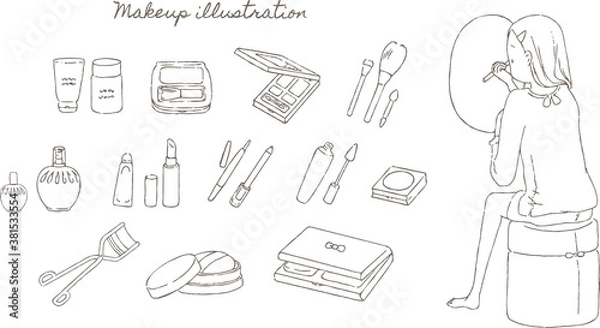 Obraz 化粧する女性とメイク道具の線画イラストセット