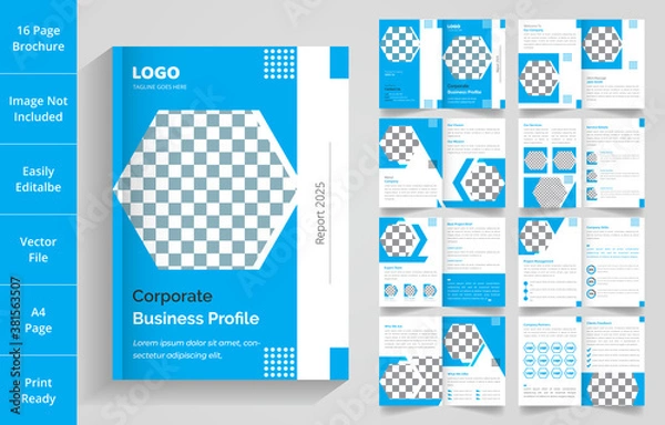 Fototapeta Modern Corporate Business Profile and 16 Pages Brochure Layout and Design with Multiple Shapes and blue color.