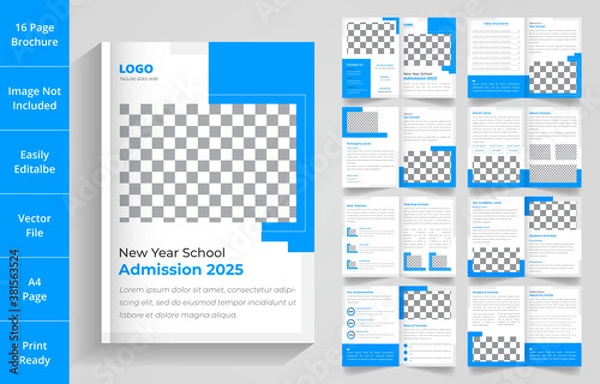 Fototapeta Modern New Year School Admission 16 Pages Brochure Layout and Design with Multiple Shapes and blue color. 