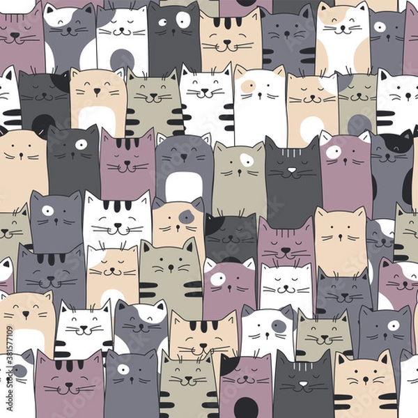 Obraz Seamless cats pattern. Hand drawn cartoon cats seamless background.