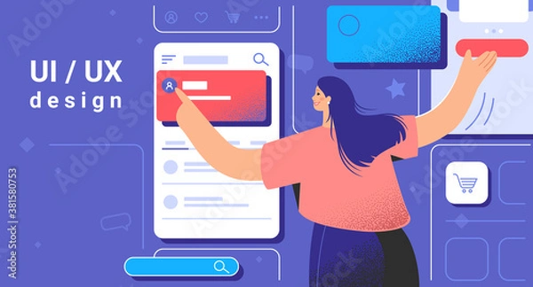 Fototapeta Creative process of graphic designer or web developer. Flat vector illustration of woman as ui ux designer placing banners and interface elements on mobile layout for user interactions prototyping