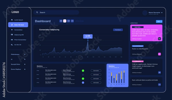 Obraz Dashboard UI. Modern presentation with data graphics. Admin panel, modern web design