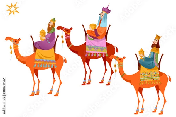 Fototapeta Three biblical Kings (Caspar, Melchior and Balthazar) follow the star. Three wise men on camels.