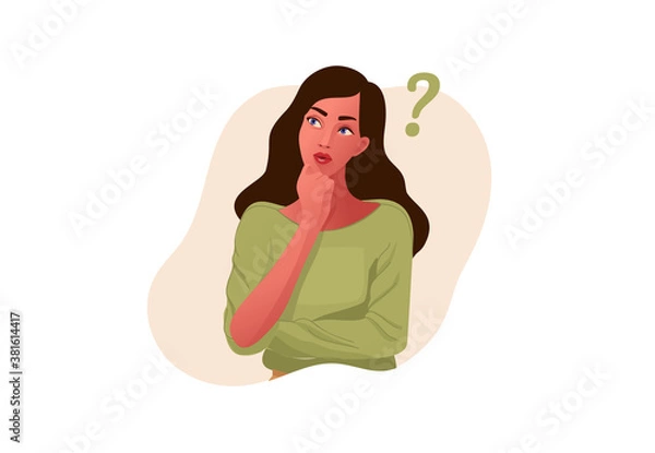 Obraz Thinking girl. Beautiful face, doubts, problems, thoughts, emotions. Curious woman questioning, question mark. Vector illustration