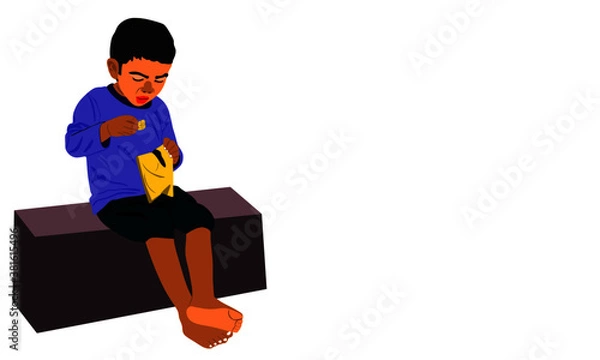 Obraz An indian boy cartoon eating chips from yellow pack isolated on white background abstract art for lifestyle concept.