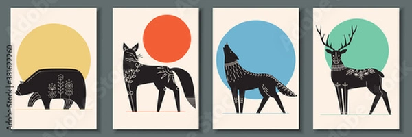 Obraz Abstract poster collection with animals: bear, fox, wolf, deer. Set of contemporary scandinavian art print templates. Ink animals with floral ornament and geometrical shapes on the background.