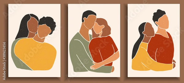 Fototapeta Set of abstract man and female shapes and silhouettes. Abstract couple portraits in pastel colors. Collection of contemporary art posters. Hugging people in love.