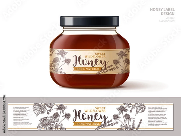 Obraz Wildflower organic natural honey in realistic 3d glass jar with label. Design of package with hand drawn sketch of lavender, clover and linden. Vector illustration with layout or temlate of tag