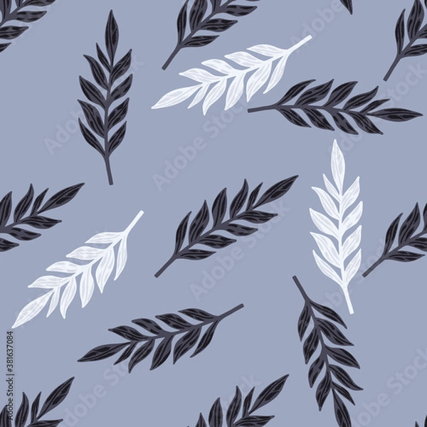 Obraz Seamless random pattern with leaves branches elements. Blue background. White and dark botanic ornament.