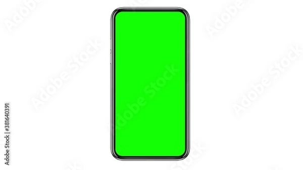 Fototapeta Mobile phone with blank green screen isolated on white background. 3d illustration