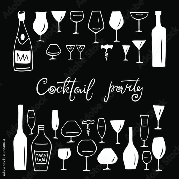 Fototapeta Black  background with stylized alcohol bottles , wine glasses and inscription Cocktail party. Vector illustration.