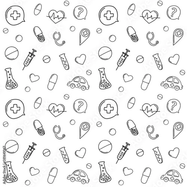 Fototapeta Vector seamless pattern, linear icons on medicine theme. Ambulance, syringe, pills, stethoscope, isolated on white background