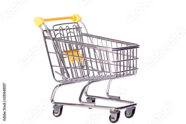 Obraz Small metal empty shopping cart trolley isolated on white background. Department store, supermarket, e-commerce, online shopping, marketing deal poster, black friday sale concept. Copy text space