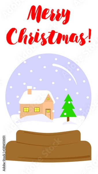 Fototapeta Snow globe with Christmas village in it. Vector image of a toy snow ball on a stand with a house and a spruce inside. Winter landscape with snowdrifts and snow on the roof of the house.