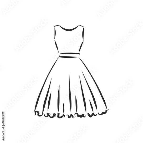 Fototapeta women's dresses. Hand drawn vector illustration. Black outline drawing isolated on white background women's dress, vector sketch illustration