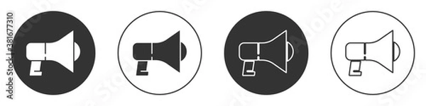 Obraz Black Megaphone icon isolated on white background. Speaker sign. Circle button. Vector.