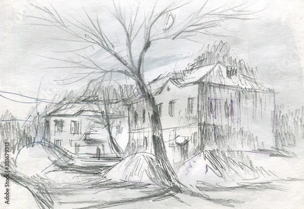 Fototapeta houses in the outskirts of the area in winter graphic sketch