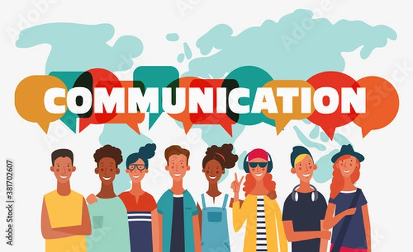 Fototapeta Group of young people with dialog speech bubbles. Communication, teamwork and connection vector concept
