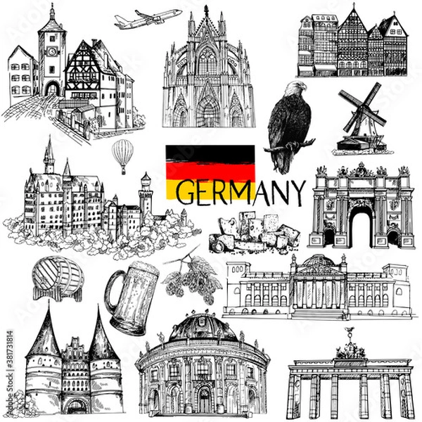 Fototapeta Zestaw ręcznie rysowane szkic stylu Niemcy związane zabytki i różne obiekty na białym tle. Ilustracji wektorowych.