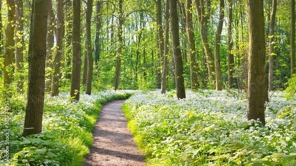 Obraz Pathway through the forest with blooming wild garlic (Allium ursinum). Stochemhoeve, Leiden, the Netherlands. Picturesque panoramic spring scene. Travel destinations, eco tourism, ecology, pure nature