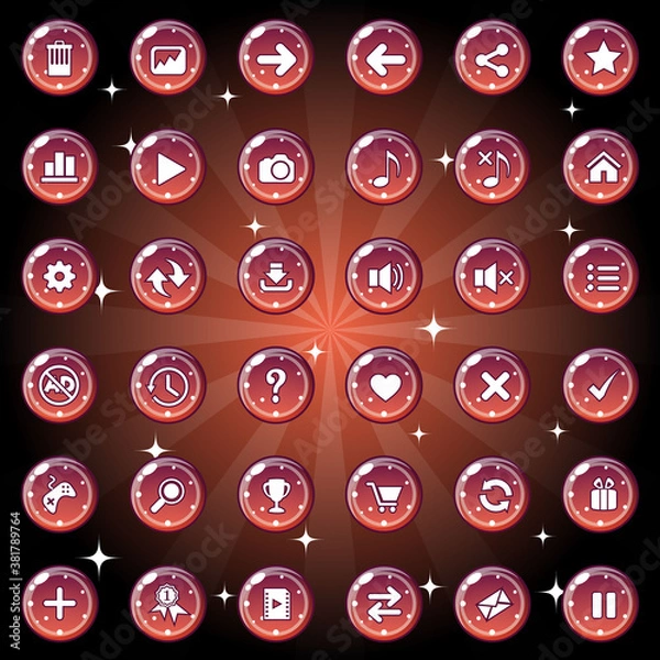 Obraz Przyciski i zestaw ikon dla motywu gry lub sieci są ciemnoczerwone. Ilustracji wektorowych.