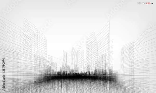 Fototapeta Wireframe city background. Perspective 3D render of building wireframe. Vector.