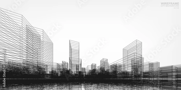 Fototapeta Wireframe city background. Perspective 3D render of building wireframe. Vector.