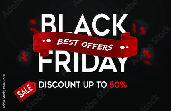 Fototapeta Black Friday super sale limited offer, red and black abstract banner layout in flat Free design Vector template with dark black background.
